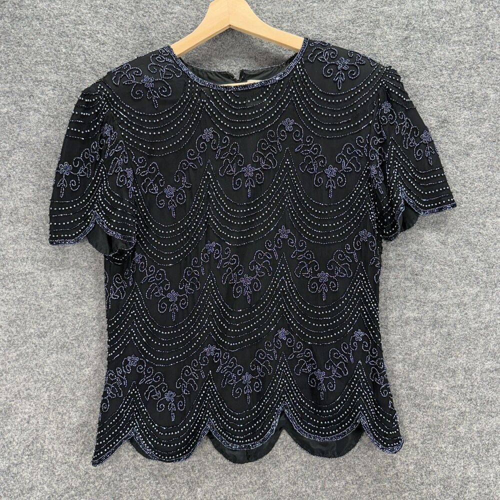 Papell Boutique Black Beaded Embellished Short Sleeve Top